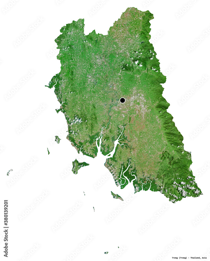 Naklejka premium Trang, province of Thailand, on white. Satellite