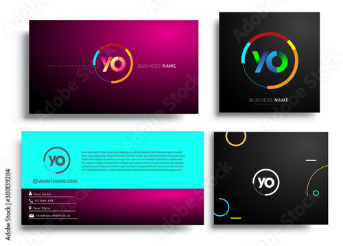 Letter YO logotype with colorful circle, letter combination logo design with ring, sets of business card for company identity, creative industry, web, isolated on white background.