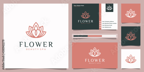 Elegant flower with heart abstract luxury beauty salon, fashion, skincare, cosmetic, yoga and spa products. Minimalist logo design and business card