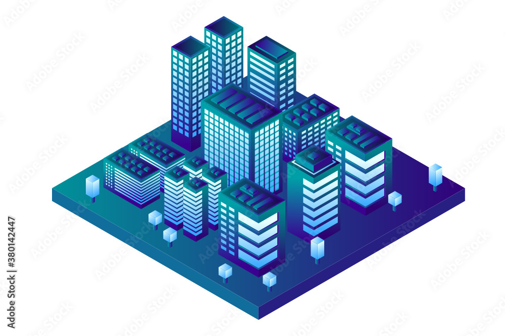 Smart city or intelligent building isometric vector concept. Smart building control concept. Concept building with technology system. 3d isometric vector illustration.