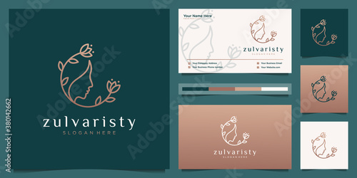 Luxury woman's face flower with line art style logo and business card design. feminine design concept for beauty salon, massage, cosmetic and spa.