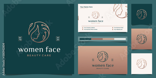 Beauty woman's face flower with line art style logo and business card design. feminine design concept for beauty salon, massage, magazine, cosmetic and spa.