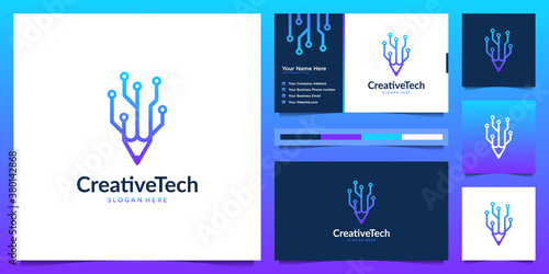 Creative pencil tech with liner style. Modern gradient logo design and business card.