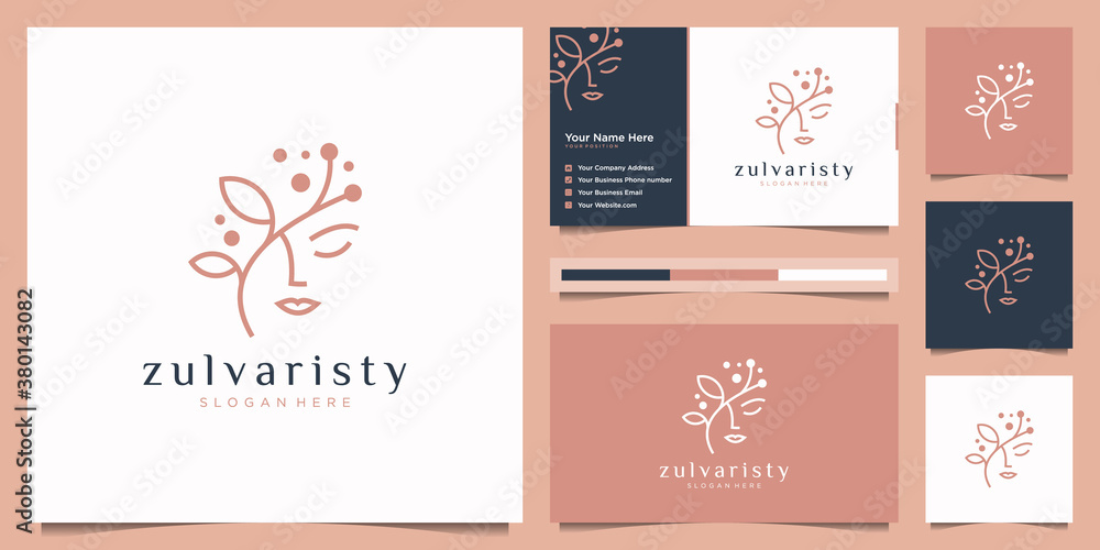 women face with flower logo design and business card. natural women logo for beauty salon, spa, cosmetic, and skin care.