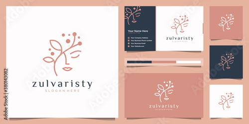 women face with flower logo design and business card. natural women logo for beauty salon, spa, cosmetic, and skin care.