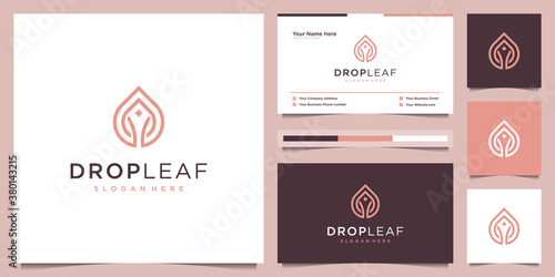 Drop leaf logo design and business card. luxury logo oil with leaf liner concept