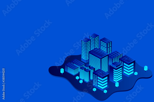 Smart city or intelligent building isometric vector concept. Smart building control concept. Concept building with technology system. 3d isometric vector illustration.