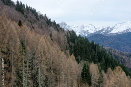 aerial snow covered mountain peaks in alps at winter 