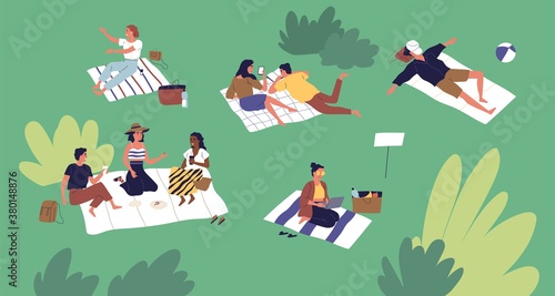 Diverse people spending time at summer park vector flat illustration. Man and woman talking, lying and sitting on plaid, sleeping, eating and working on laptop. Leisure activity at relaxed place