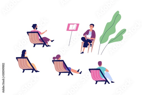 Group of people at outdoor lecture vector flat illustration. Teacher speaking in front of audience sitting on comfy chairs at park isolated. Coach and listeners study at seminar, training or courses