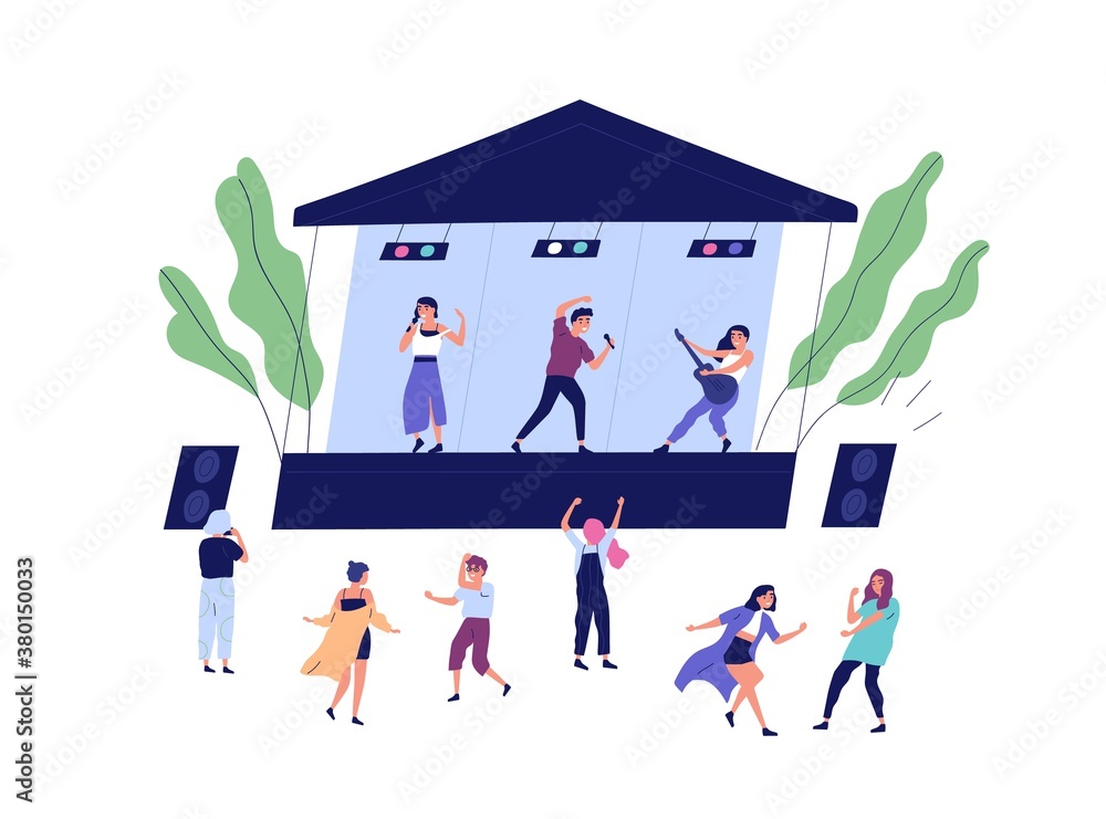 Musical band performing on stage during open air concert vector flat illustration. Happy audience dancing, shooting video and enjoying sound isolated. Musicians and singers at summer indie festival - obrazy, fototapety, plakaty 