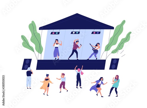 Musical band performing on stage during open air concert vector flat illustration. Happy audience dancing, shooting video and enjoying sound isolated. Musicians and singers at summer indie festival