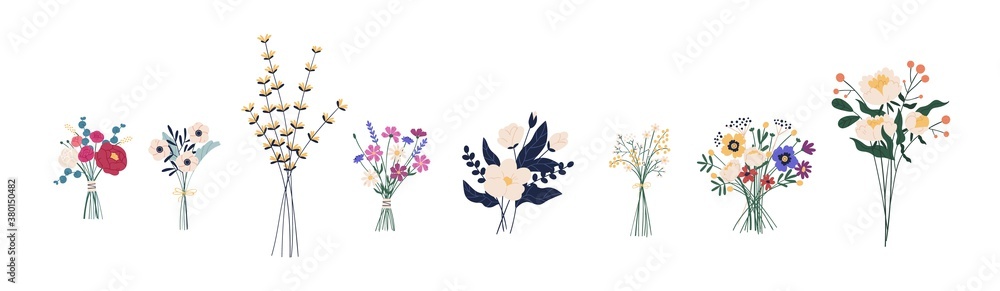 Set of different beautiful bouquets with garden and wild flowers vector flat illustration. Collection of various blooming plants with stems and leaves isolated on white. Floral decoration or gift - obrazy, fototapety, plakaty 