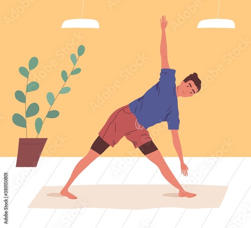 Active man doing yoga exercise at home or gym vector flat illustration. Flexible male practicing stretching or aerobics on mat. Guy in sportswear enjoying sports training or workout