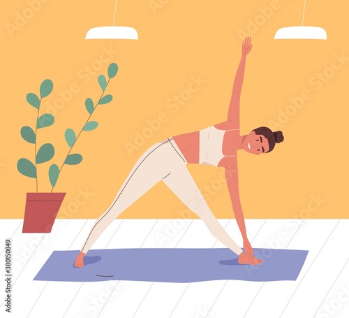 Smiling woman practicing body stretching at gym vector flat illustration. Female in sportswear doing yoga exercise on mat. Sportswoman during sports training. Active person enjoying aerobics