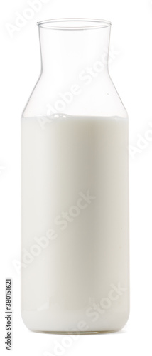Open glass bottle of milk isolated on white
