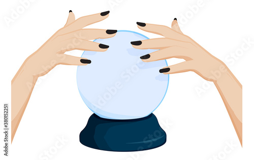 fortune teller hands over a crystal ball. Prediction of future, astrology. Cartoon vector on white background
