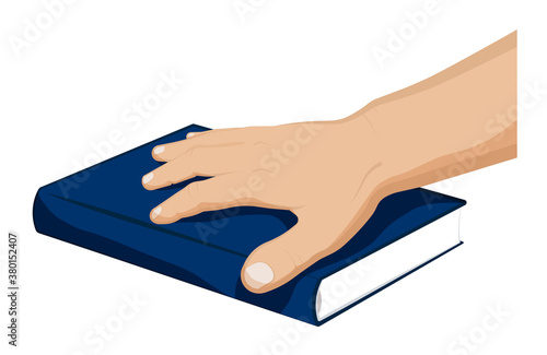 man holds his palm on a closed book. President oath on Bible, Constitution. Selection of new leader of country. Cartoon vector on white background