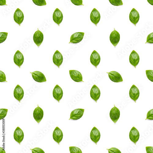 Italian Basil leaf herb seamless pattern on white background, Creative seamless pattern made from fresh green basil flat lay layout.