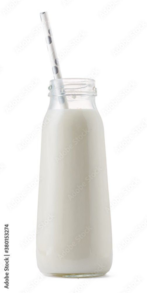 Glass cup of milk with a straw isolated on white Glass cup of milk with a straw isolated on white