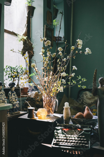 Still Life of Bouquet of Flowers in a Vase with Spring Blooms from Trees photo