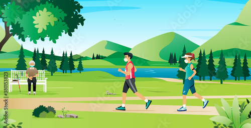 Men and women jogging wearing a protective mask.