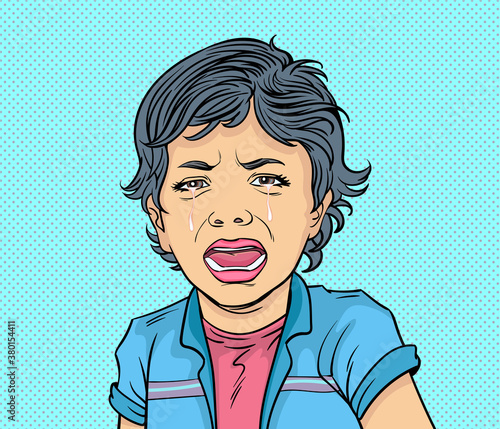 Crying little girl. Pop art vector illustration