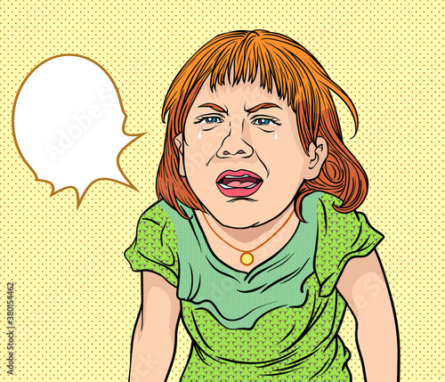 Crying little girl. Pop art vector illustration