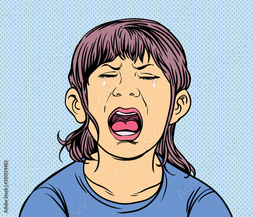 Crying little girl. Pop art vector illustration
