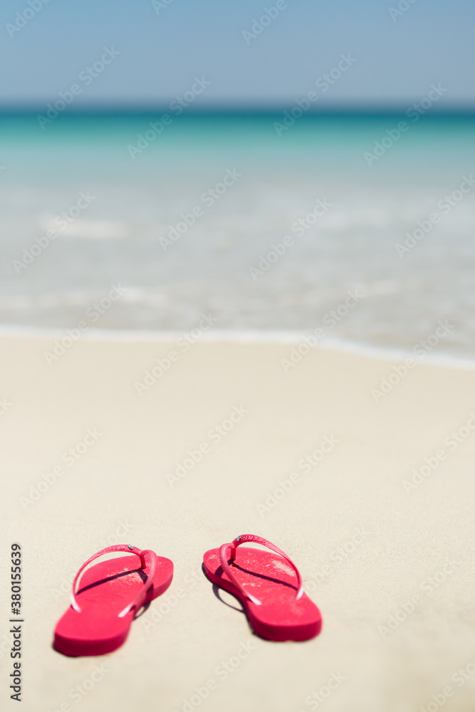 Red flip flops in the sand beside the ocean Red flip flops in the sand beside the ocean
