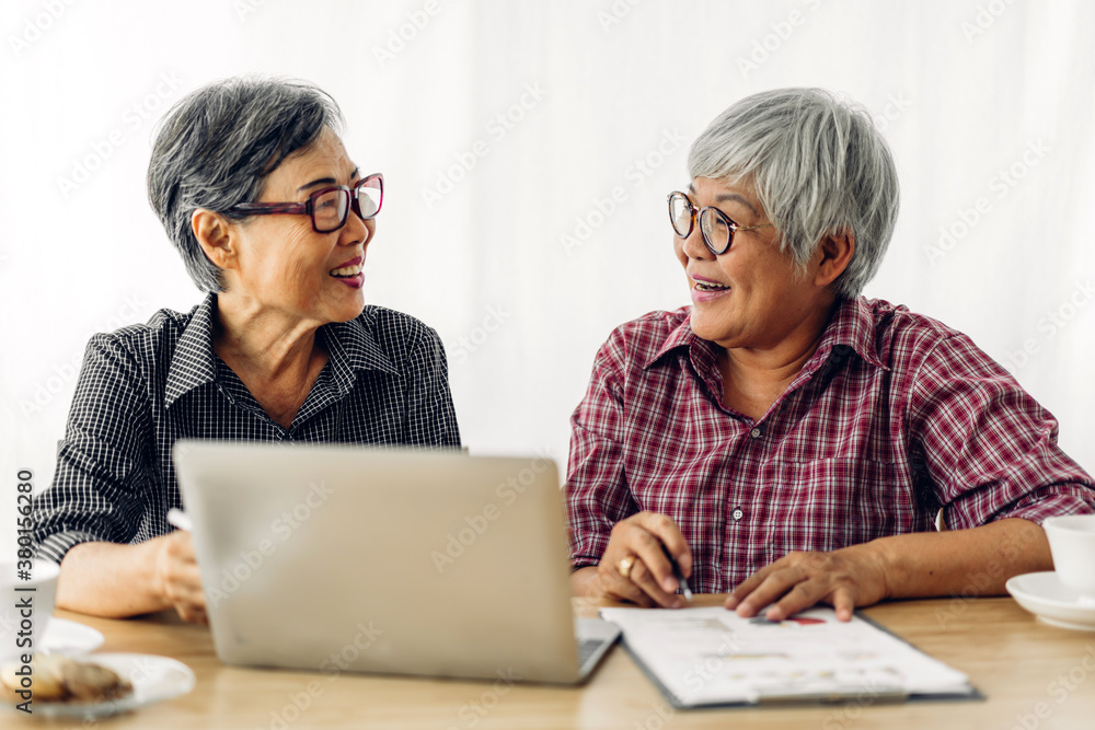 Portrait of two friend happy senior adult elderly asia women smiling and working with laptop computer at home.Retirement concept Portrait of two friend happy senior adult elderly asia women smiling and working with laptop computer at home.Retirement concept