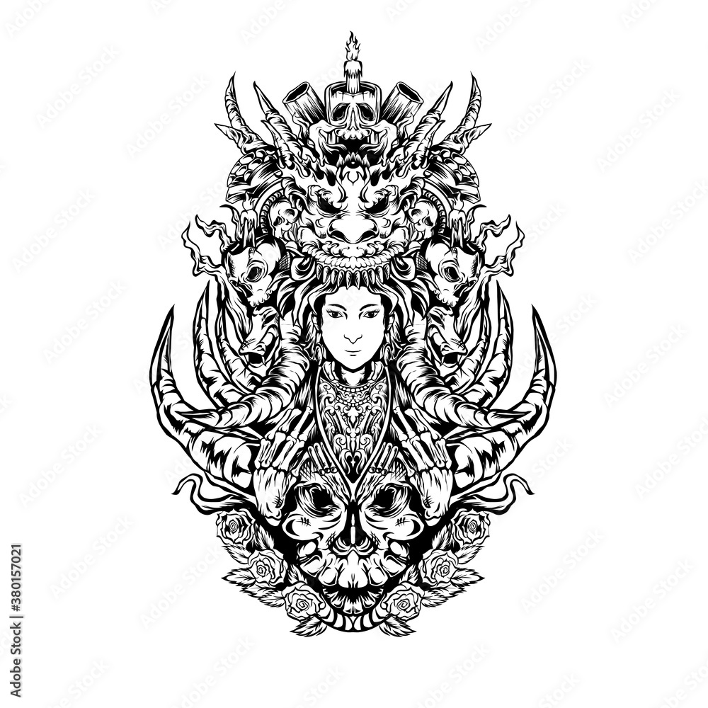 Fototapeta premium vector illustration of woman with dragon skull