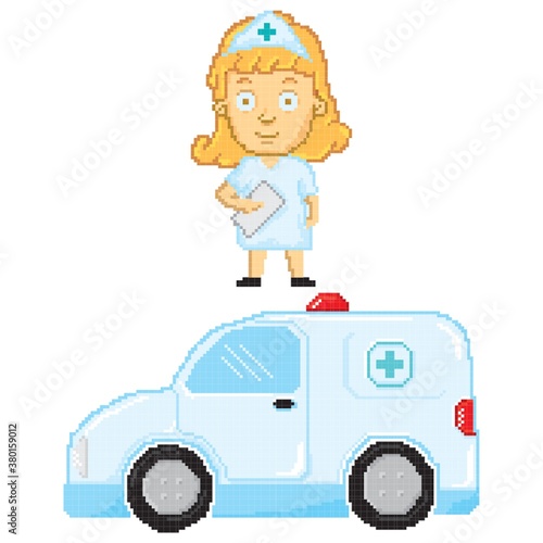 Pixel art nurse with ambulance