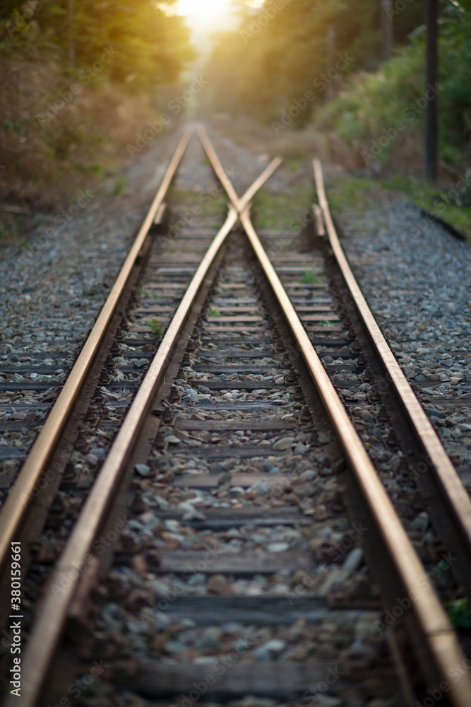 Railroad tracks switch with a fork Railroad tracks switch with a fork