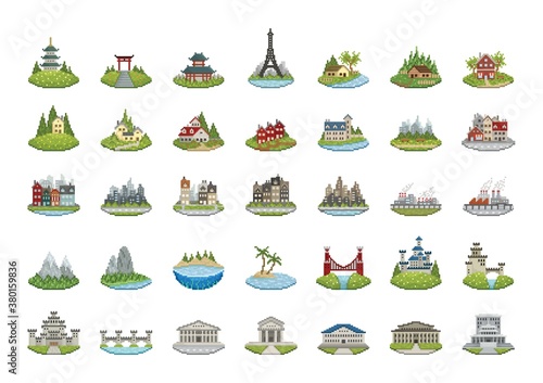 collection of pixel buildings