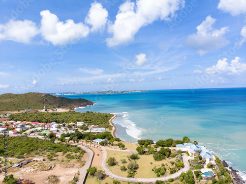 Fototapeta Naklejka Na Ścianę i Meble -  Aerial view of the Caribbean island of Sint maarten /Saint Martin. Aerial view of La savane and st.louis st.martin. Happy bay and friars bay beach on St.maarten.