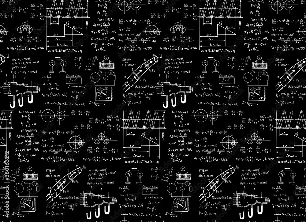 Physical equations and formulas on chalkboard. Vector hand-drawn illustration. Education and scientific seamless pattern. Physical equations and formulas on chalkboard. Vector hand-drawn illustration. Education and scientific seamless pattern.