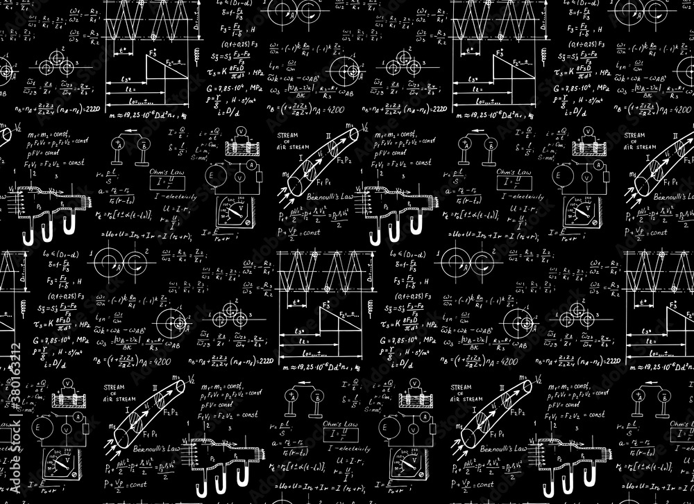 Physical equations and formulas on chalkboard. Vector hand-drawn illustration. Education and scientific seamless pattern.