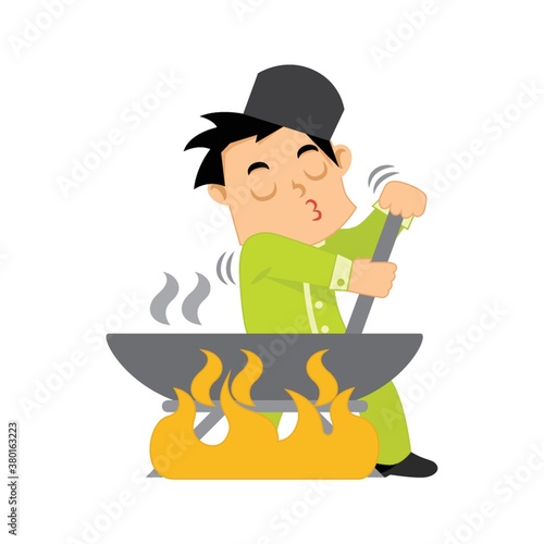 muslim boy cooking and stirring pot
