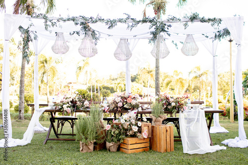 Beautiful rustic garden wedding setup in the morning
