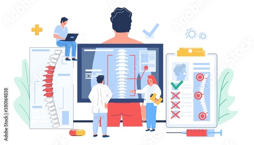 Osteopathy session and treatment. Tiny doctor characters examining scan of patient spine, flat vector illustration. Man having bone desease. Osteopathic medicine.