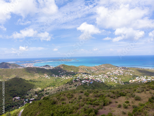 Aerial view of the Caribbean island of Sint maarten /Saint Martin. Aerial view of La savane and st.louis st.martin. Happy bay and friars bay beach on St.maarten.