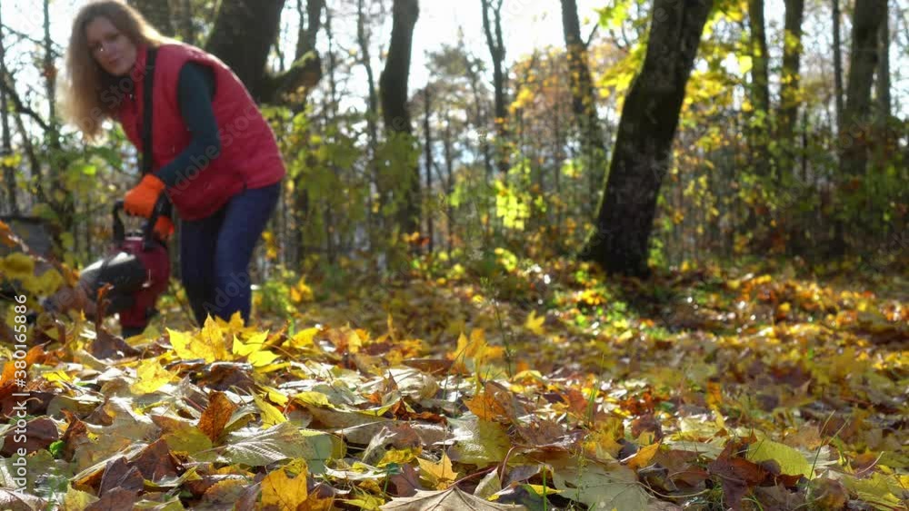 Strong gardener woman fighting autumn leaves in house backyard with leaf blower Strong gardener woman fighting autumn leaves in house backyard with leaf blower