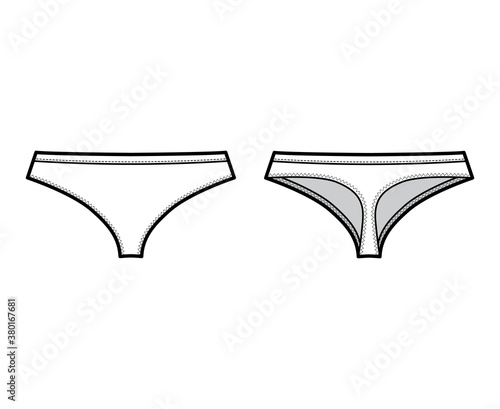 Cheeky thongs technical fashion illustration with low rise, elastic waistband, small hips coverage. Flat short briefs lingerie template front, back, white color. Women men unisex underwear CAD mockup