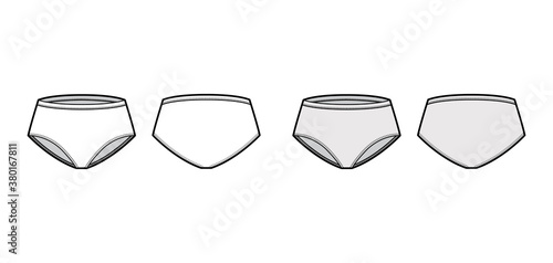 Classic briefs technical fashion illustration with mid waist rise bikini, full hips coverage. Flat Mini panties lingerie template front, back, white, grey color. Women men unisex underwear CAD mockup