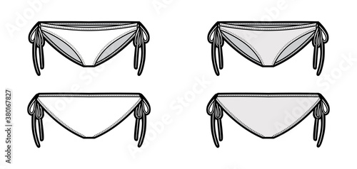 String bikinis fashion illustration with side ties, elastic waistband, low rise. Flat Mini-knickers panties briefs lingerie template front, back white grey color. Women men unisex underwear CAD mockup
