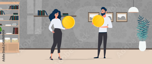 The guy and the girl are holding gold coins. Vector.