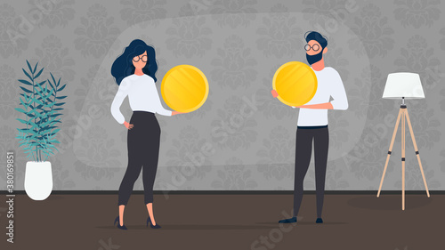 The guy and the girl are holding gold coins. Vector.
