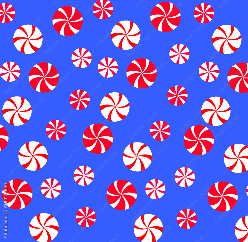 Background with candies. Pattern with round candies. New Year, Christmas, Santa Claus