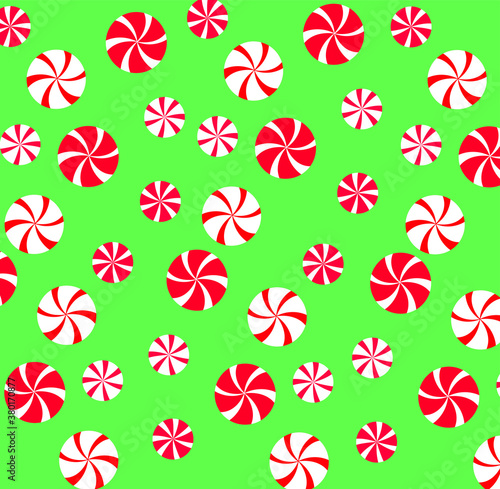 Background with candies. Pattern with round candies. New Year, Christmas, Santa Claus